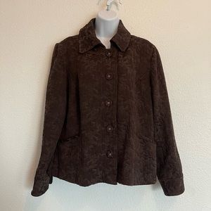 J Jill Women’s Button Up Brown Jacket Brocade Floral Tapestry Size Large